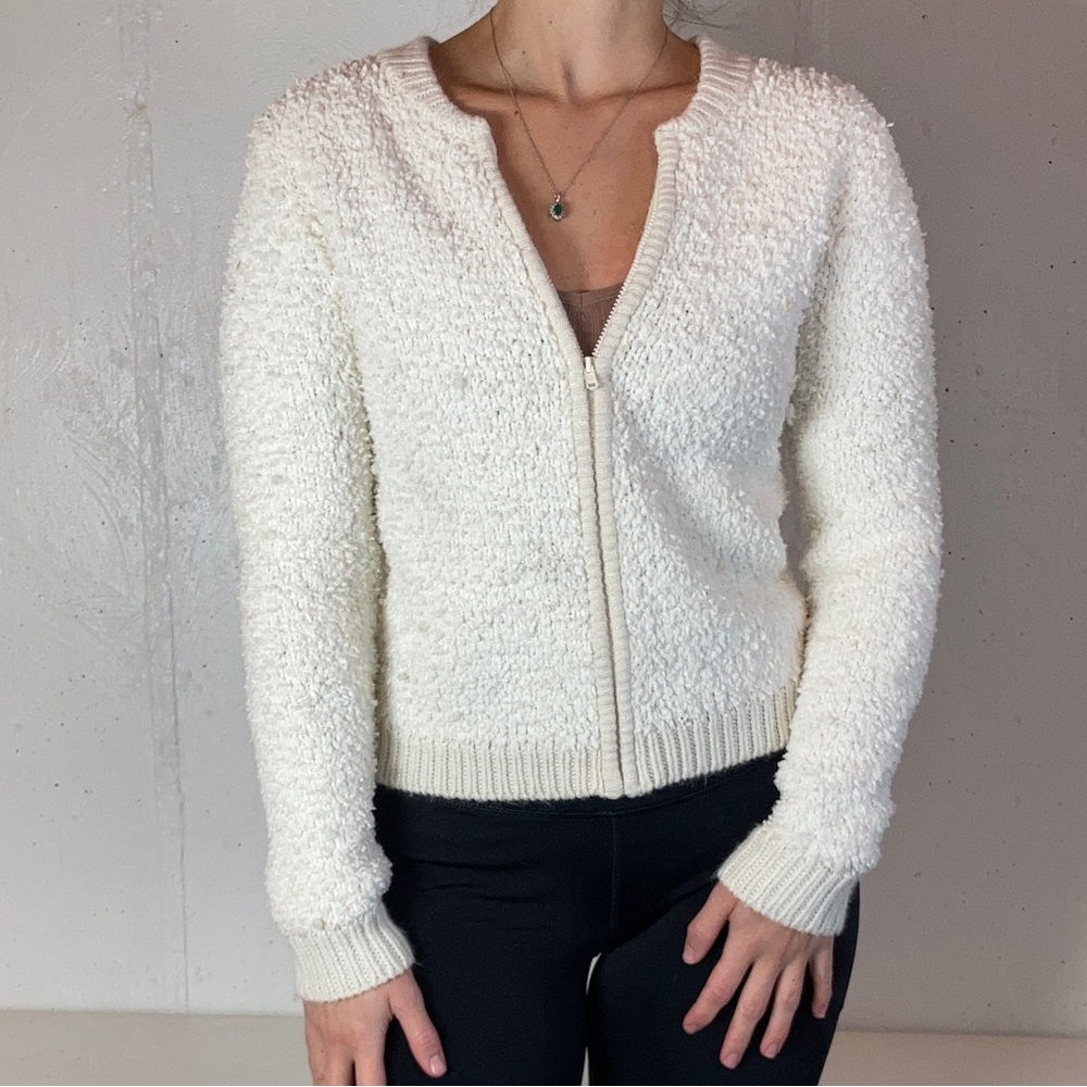 Fluffy White Full Zip Cardigan Sweater
